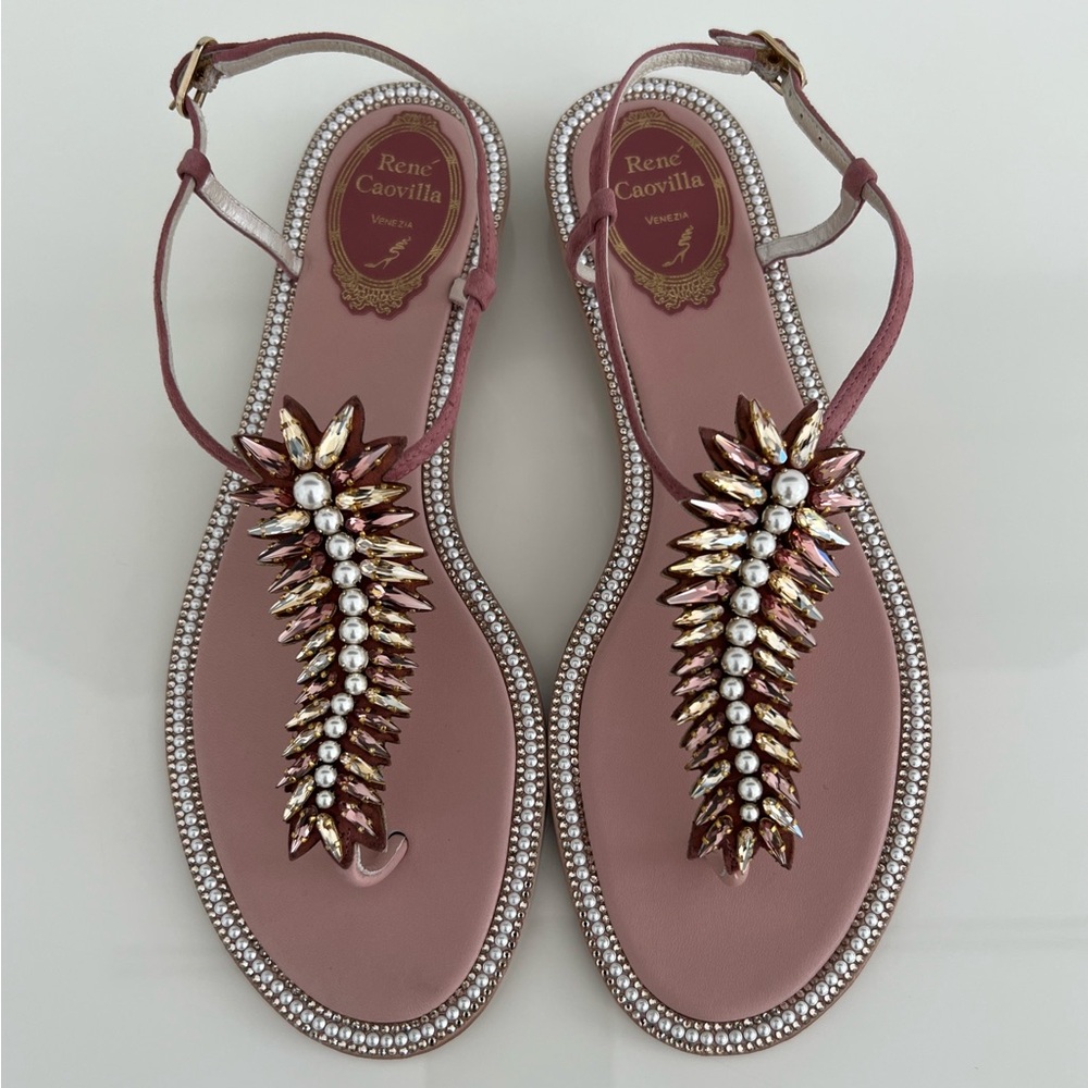 RENE CAOVILLA BLUSH CRYSTAL PEARL EMBELLISHED SANDALS SIZE IT 38.5 / US 8.5 NEW!